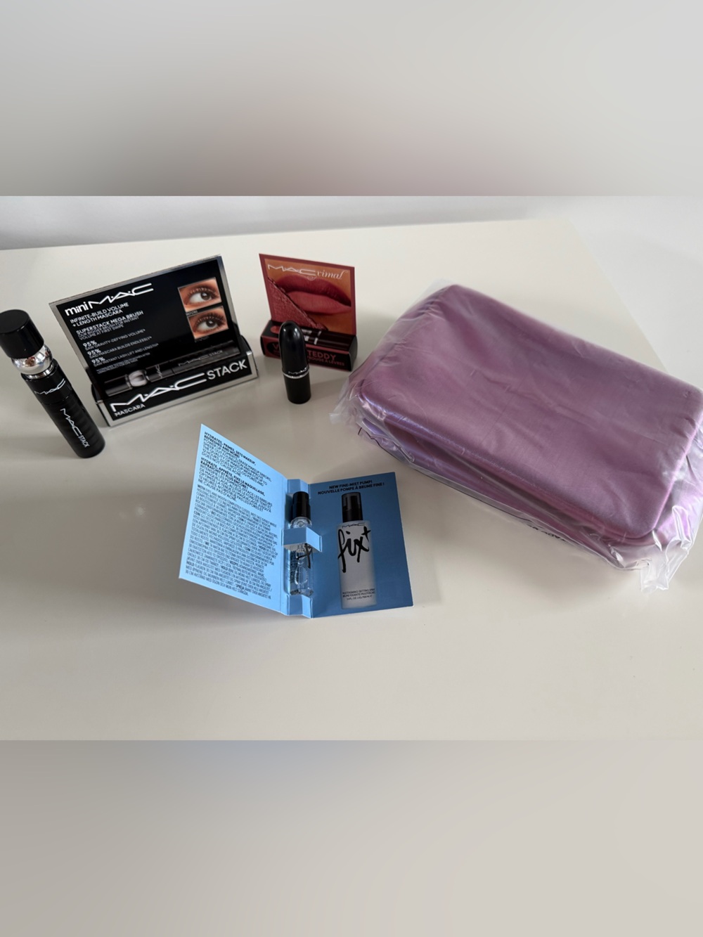 MAC Cosmetics Lipstick, Face & Eye Mini Set with Iridescent Purple Makeup Pouch